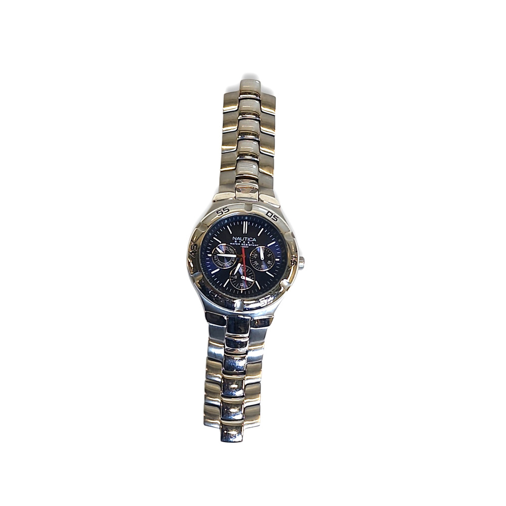 Mens Nautica Steel Day Date Stainless Watch Blue Dial Needs Battery